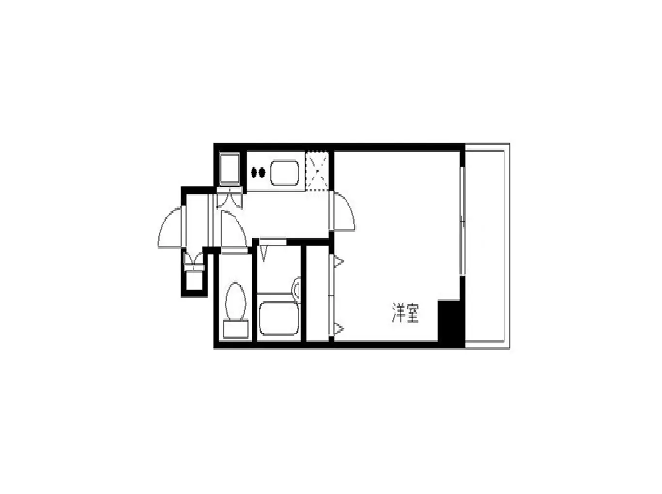 - 1Kタイプの間取り図、キッチン、浴室、洋室が配置されたシンプルなレイアウト