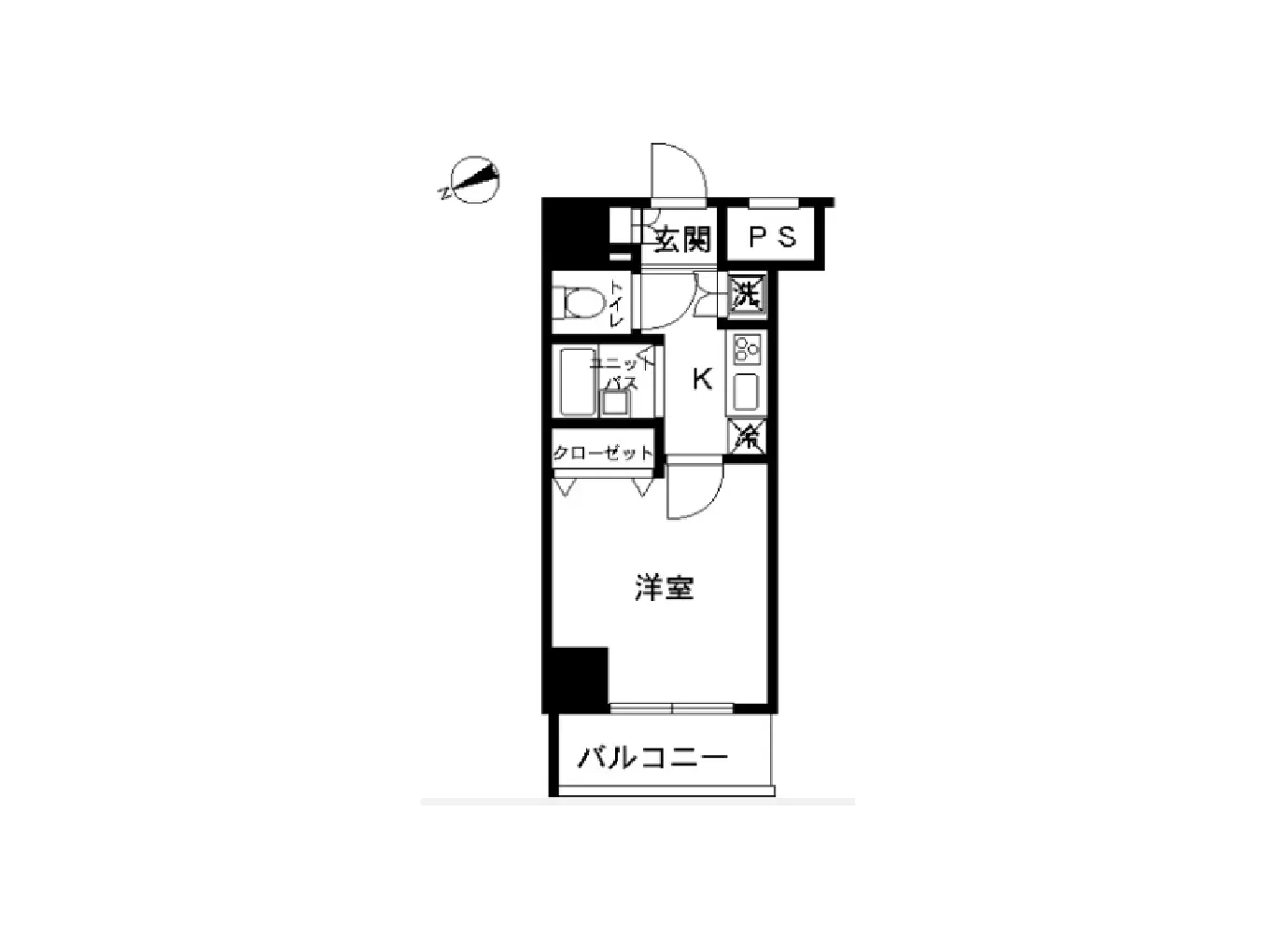 - 1LDKの間取り図、玄関、バス、トイレ、キッチン、洋室、バルコニーを含むレイアウトデザイン