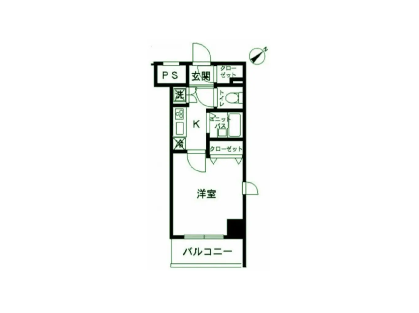 - 1LDKの間取り図、洋室、バルコニー、キッチン、トイレ、バスルームの配置を示す設計図