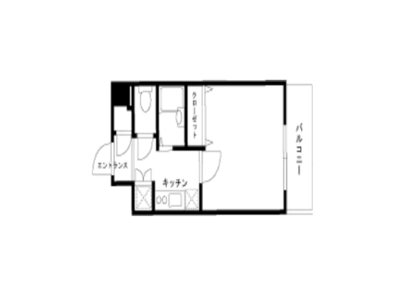 - 1LDKの間取り図、キッチン、クローゼット、バルコニー、トイレとエントランスが含まれる配置