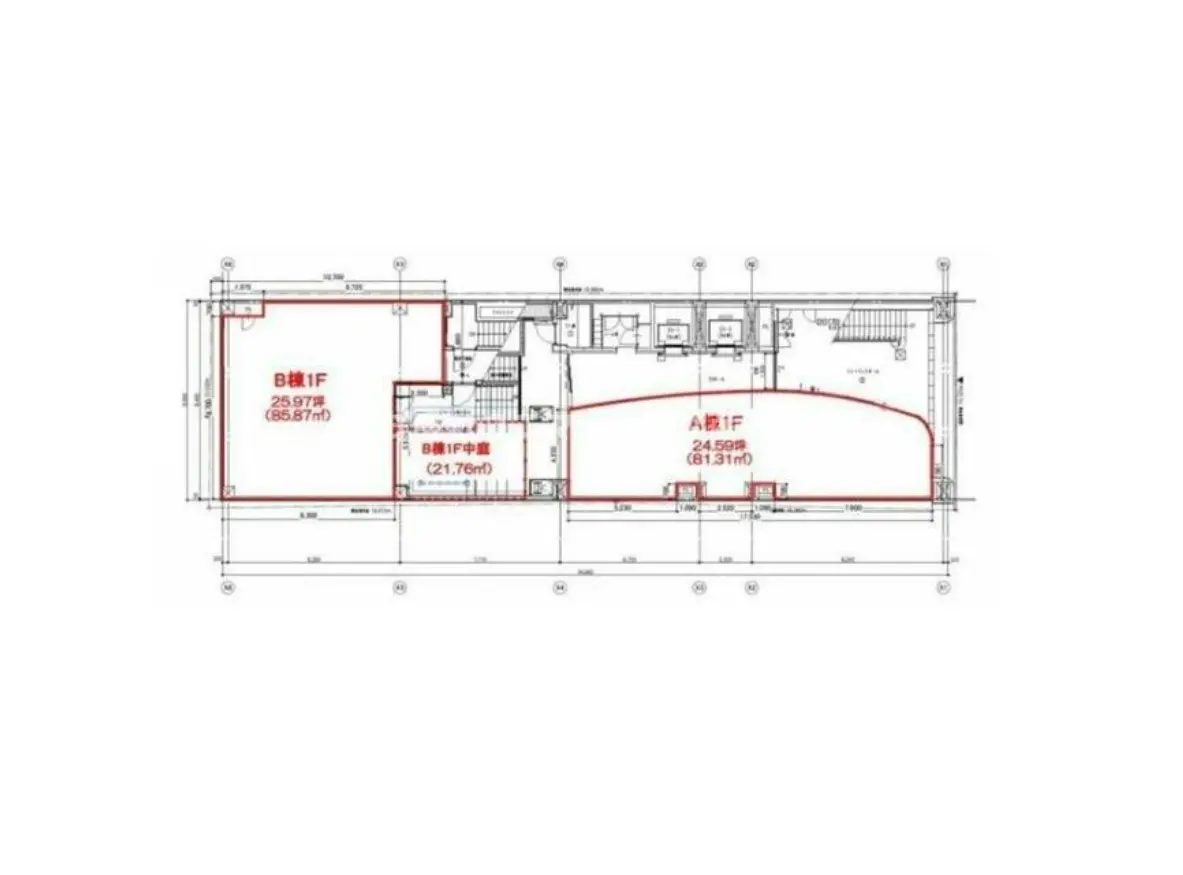 - A棟とB棟の1階平面図、各部屋の面積や配置が示されている住宅設計図