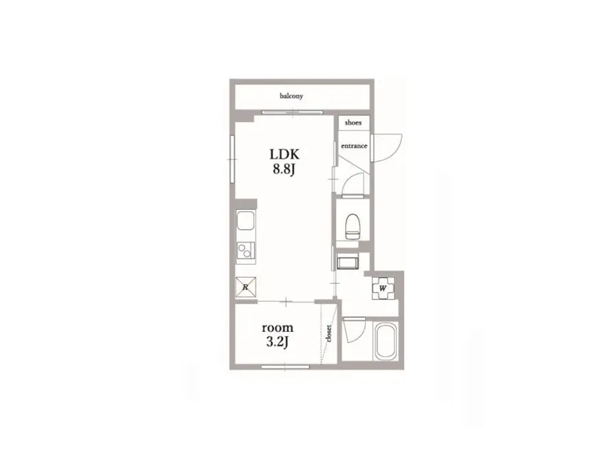 - LDK 8.8帖と3.2帖の部屋を持つ間取り図、バルコニー、玄関、トイレ、洗面所を含むシンプルな設計