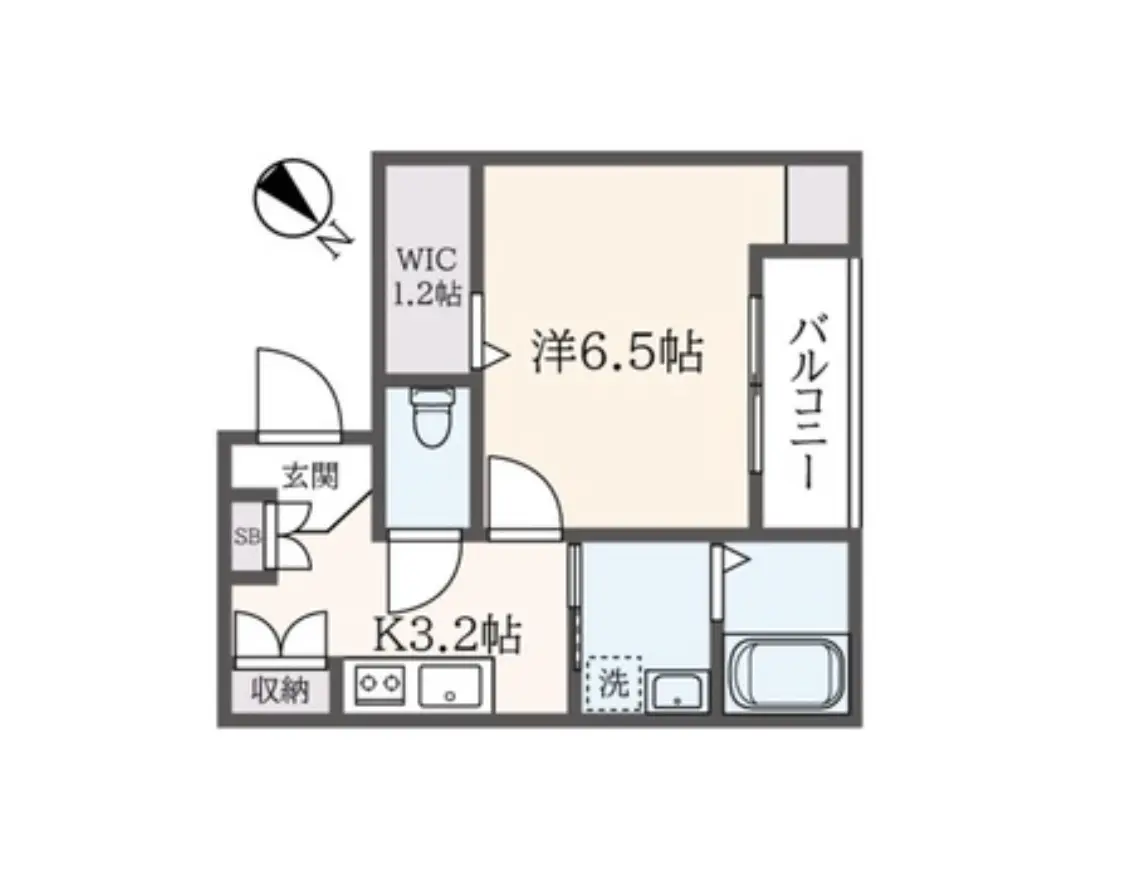 - 間取り図、洋室6.5帖、キッチン3.2帖、ウォークインクローゼット1.2帖、バルコニー、玄関、洗面所、トイレ、収納スペースを含む配置
