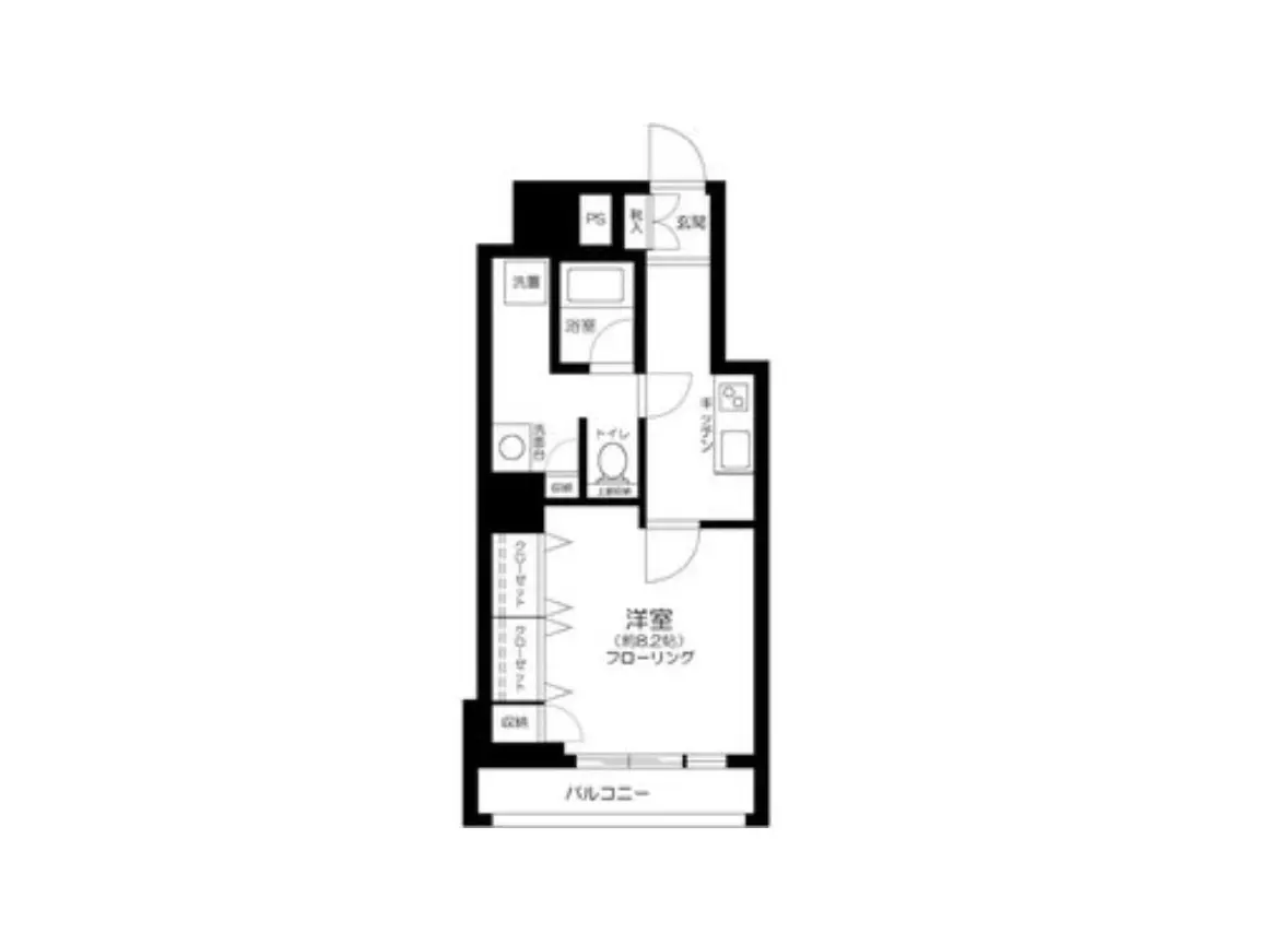 - 1LDKの間取り図、洋室とキッチン、バルコニーがあるシンプルなレイアウト