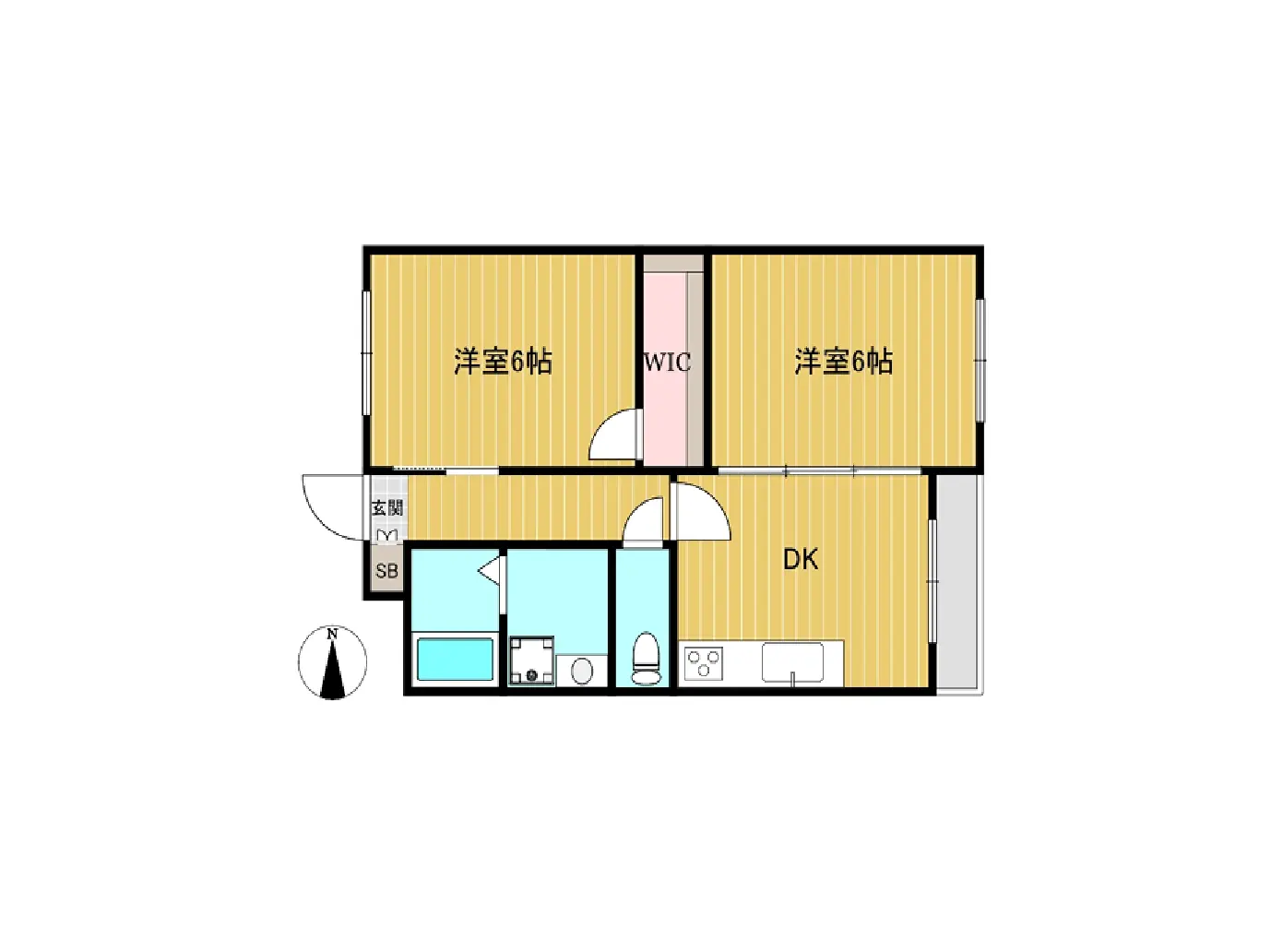 - 3部屋とダイニングキッチンを含む間取り図、各洋室は6畳、ウォークインクローゼット（WIC）付きのレイアウト