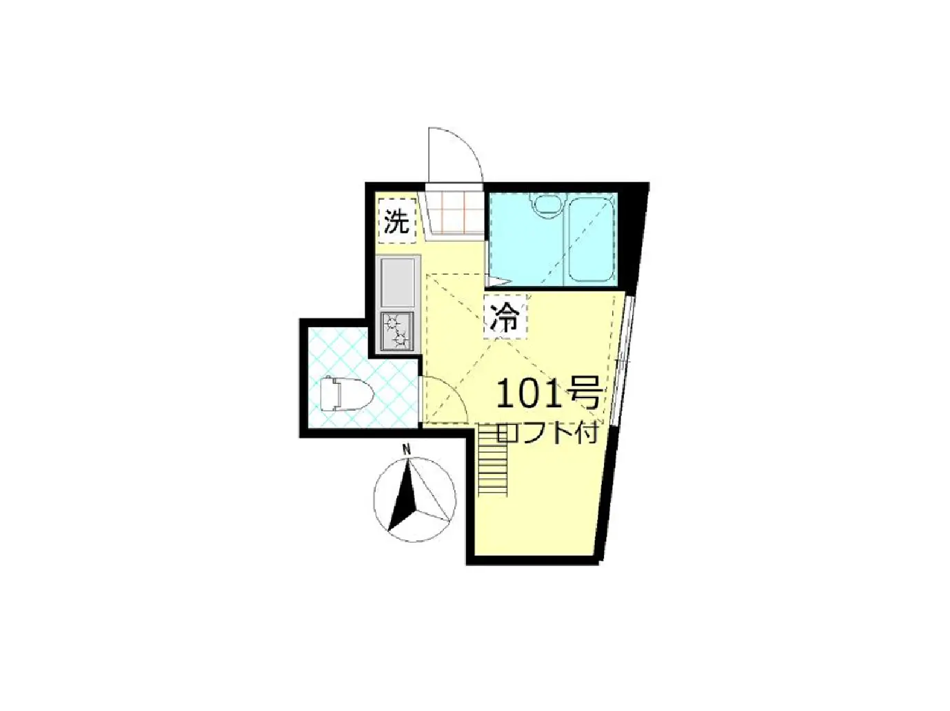- 101号室の間取り図、冷房完備、洗面所とトイレを含むレイアウトのイラスト