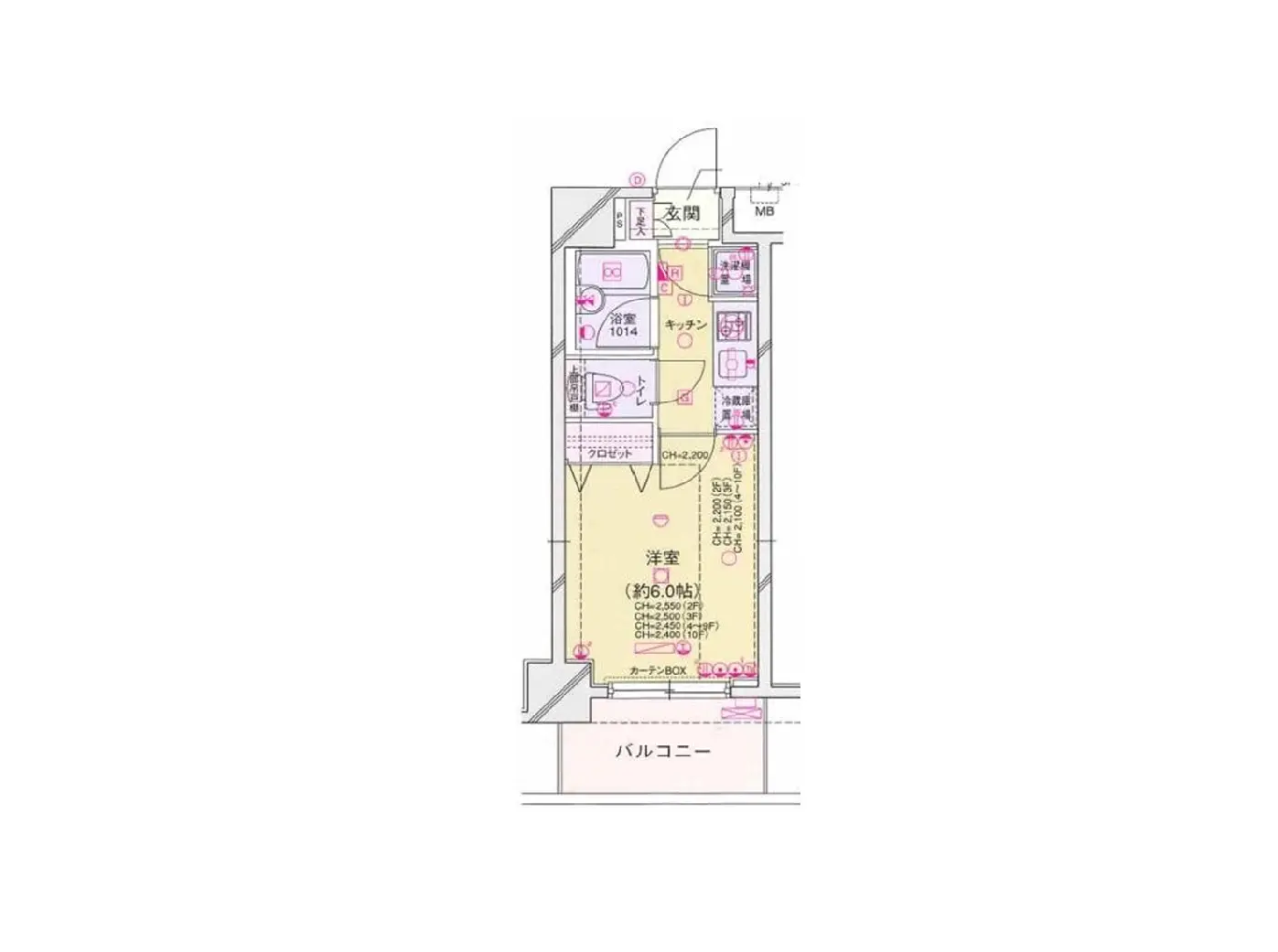 - モダンな間取りの住宅図面、広いリビングとバルコニー、キッチン、洋室とバスルームを含むプランデザイン