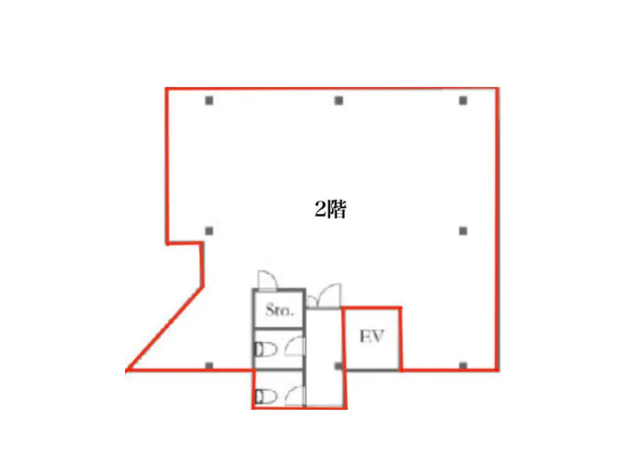 - 2階の間取り図、エレベーター（EV）とストレージ（Sto.）を含むスペース配置