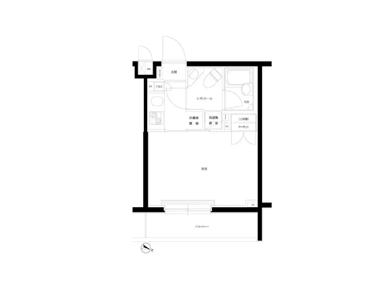 - 住宅の間取り図、居間とキッチン、バスルーム、収納スペースが配置された設計図
