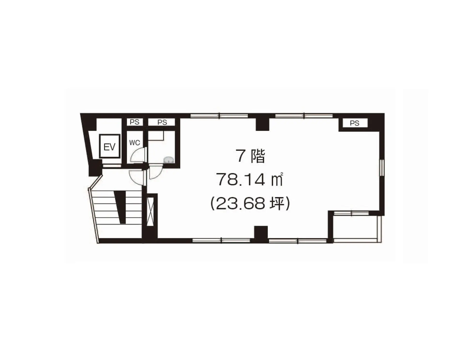 - 7階の間取り図、面積78.14㎡（23.68坪）、トイレとエレベーターの位置を示す図面