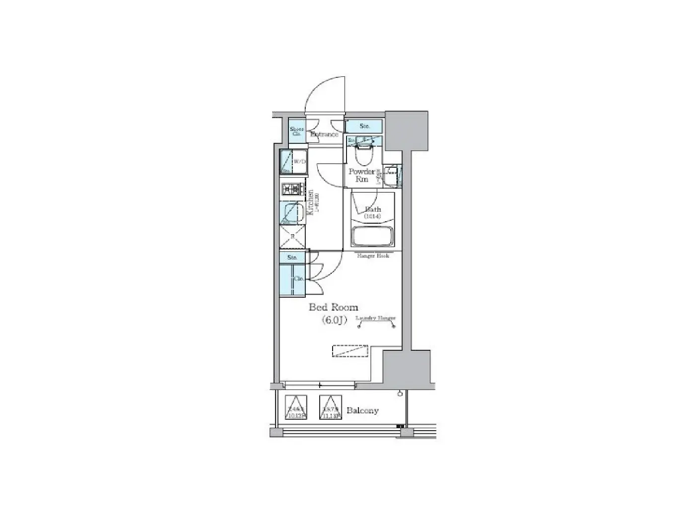 - 1LDKの間取り図、寝室、バスルーム、パウダールームとバルコニーを含む配置の詳細な設計図