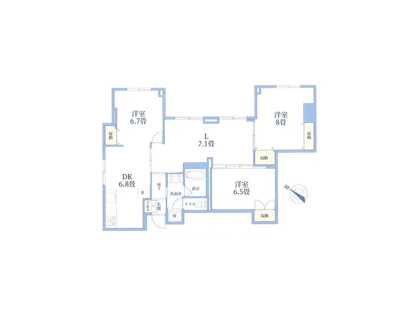 - 4つの洋室とダイニングキッチンが配置された間取り図、リビングと各部屋の広さが明記されたシンプルなデザイン