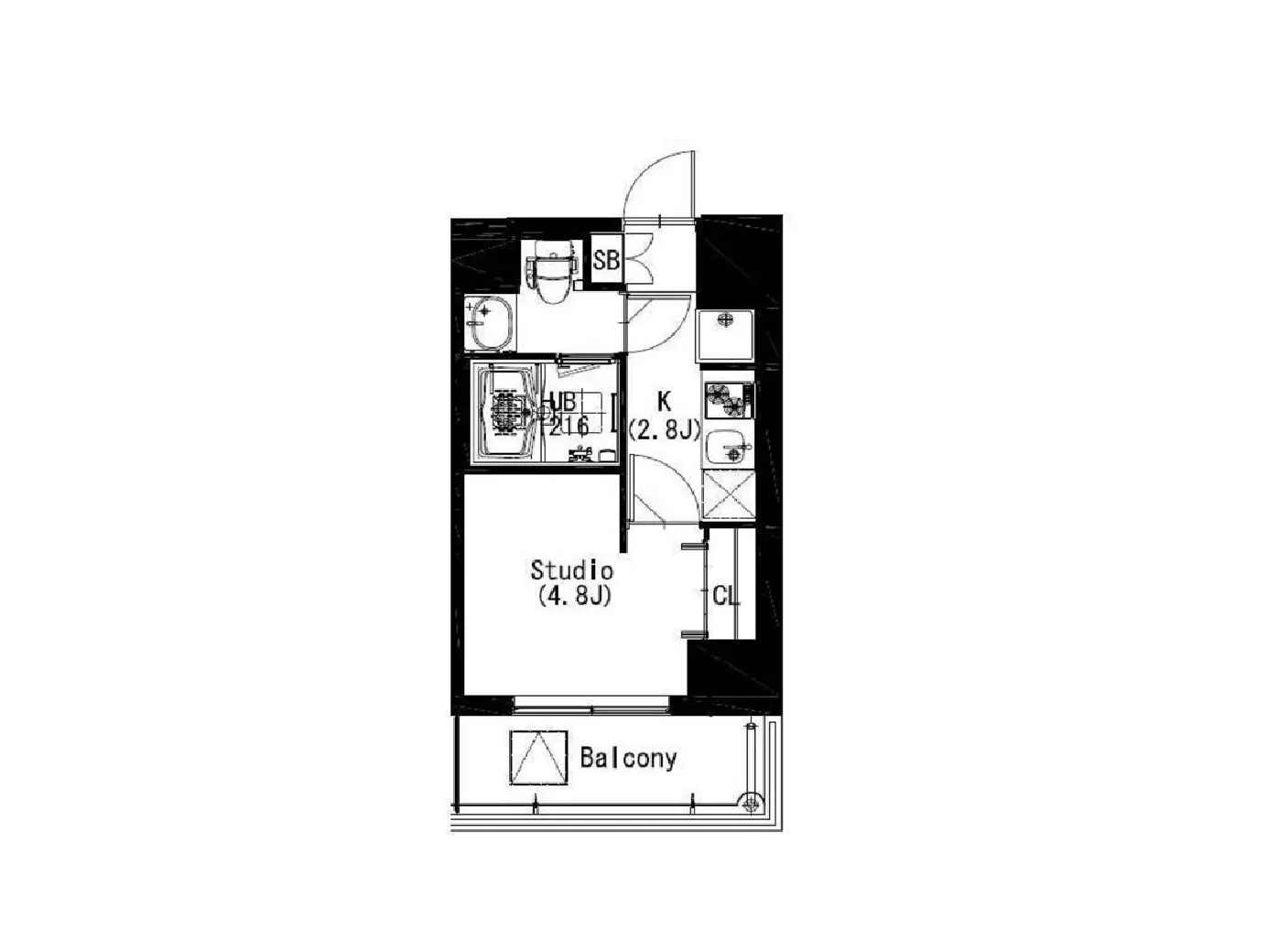 - スタジオタイプの間取り図、4.8畳のリビングと2.8畳のキッチン、バスルームとトイレが配置された詳細なレイアウト。