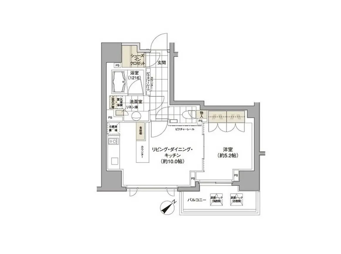 - モダンな設計の間取り図、リビングダイニングキッチン約10.0帖、洋室約5.2帖、洗面所とバルコニーの配置が示された間取り