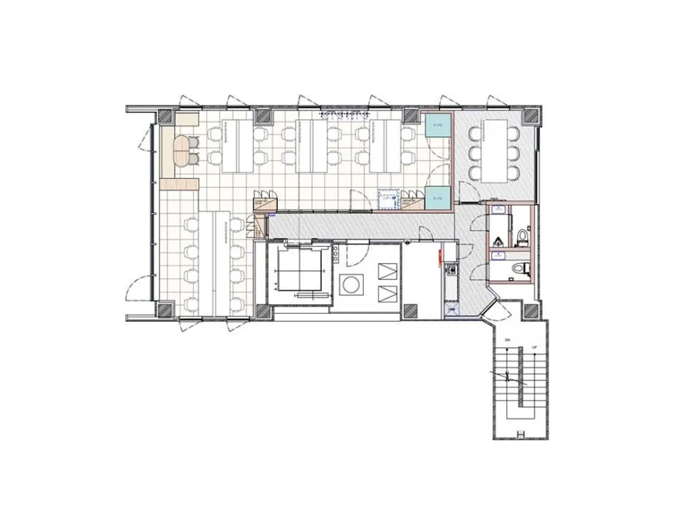 - オフィスのフロアプラン、会議室、デスクエリア、キッチンとトイレの配置図