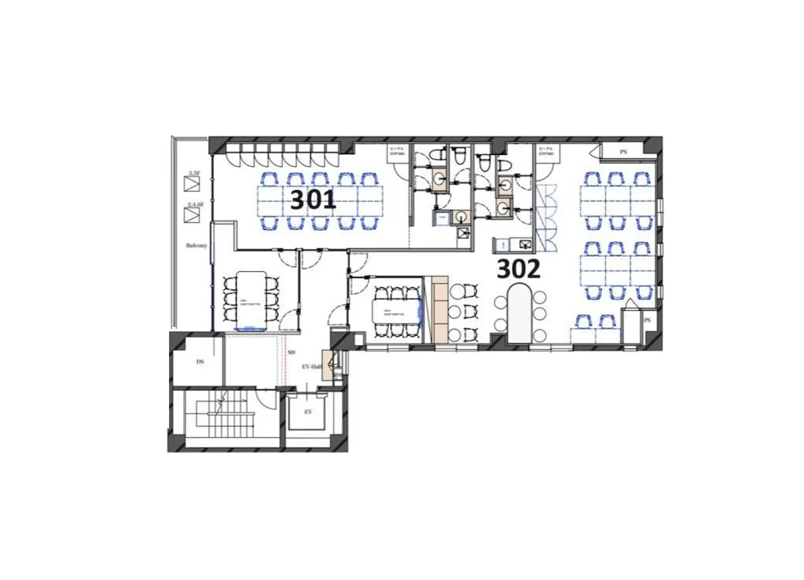 - 会議室302と301のレイアウト図、テーブルと椅子の配置、キッチンとトイレの位置を示す設計図