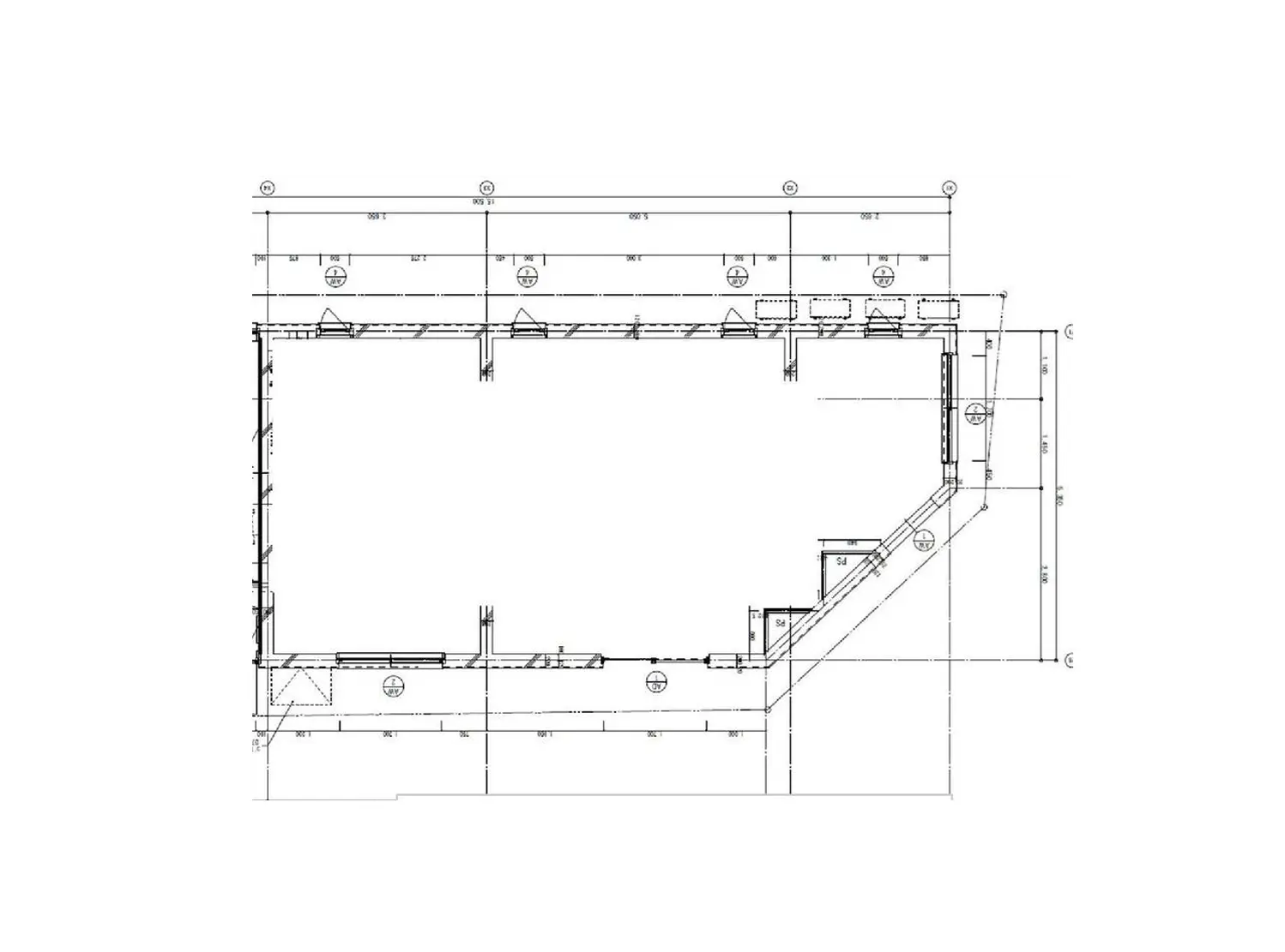 - 建物の平面図、各部屋の配置や寸法が記されている設計図のイメージ