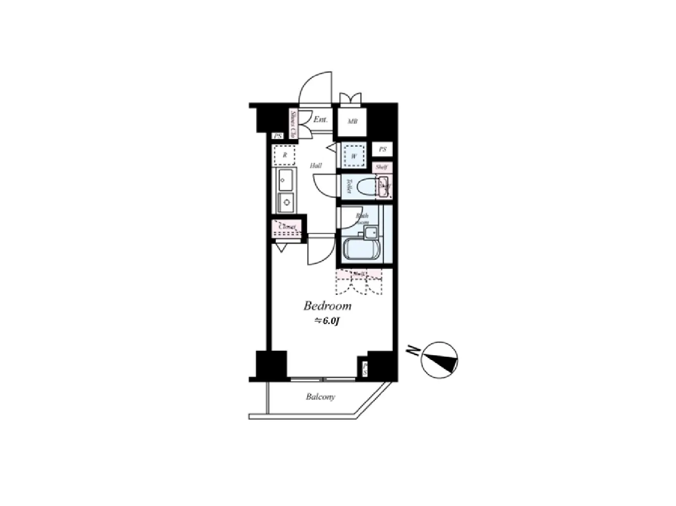 - 間取り図の説明、6畳の寝室、バスルーム、トイレ、収納スペース、バルコニーが描かれたシンプルな住宅レイアウト