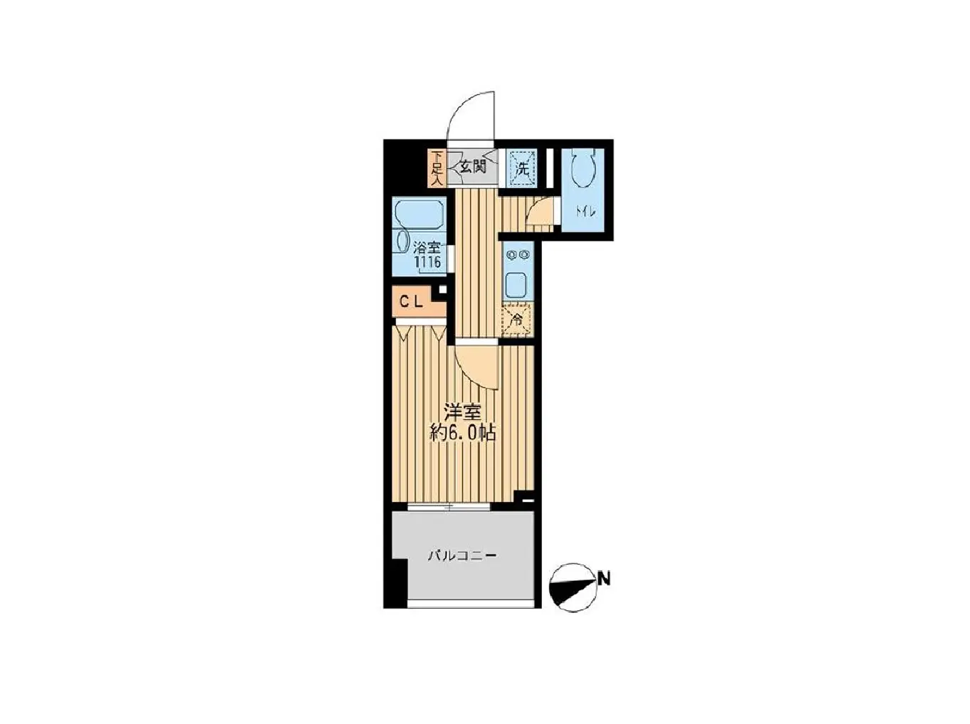 - 6帖の洋室、浴室、トイレ、クローゼットを備えた間取り図、バルコニー付きの適度な広さの住居配置