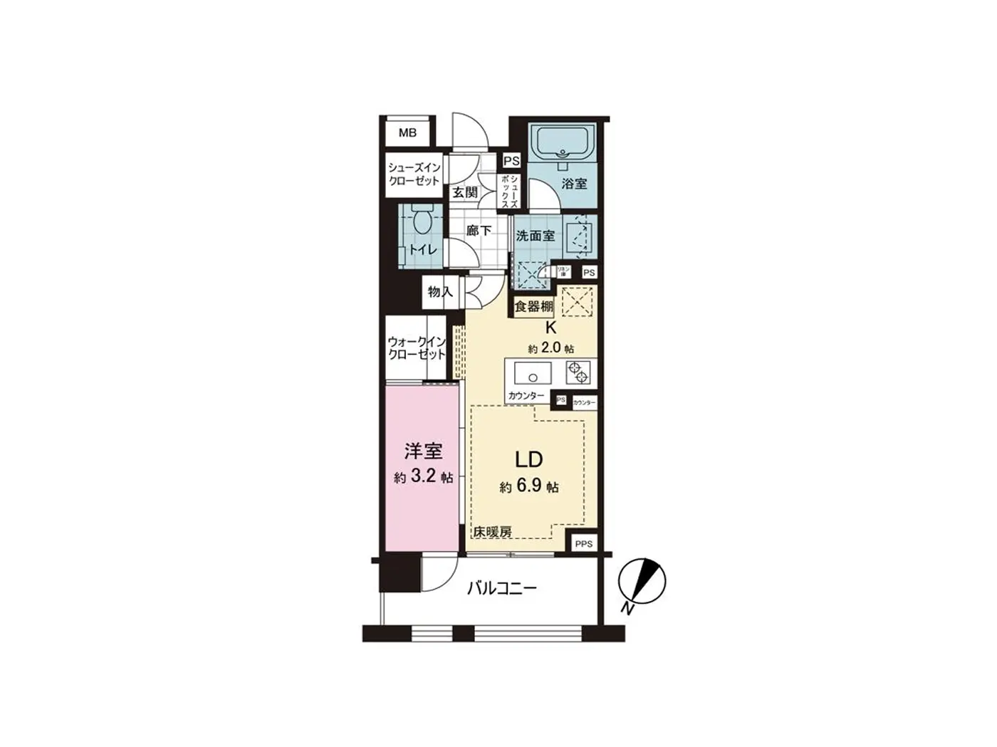 - コンパクトな間取りのマンション、リビングダイニング（LD）約6.9帖、キッチン（K）約2.0帖、洋室約3.2帖、洗面室やバルコニーも含むレイアウト図