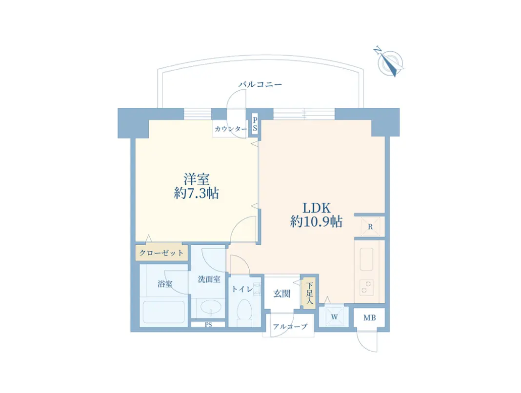 - LDK約10.9帖と洋室約7.3帖を含む間取り図、クローゼットや浴室、トイレが配置されたシンプルで機能的なレイアウト