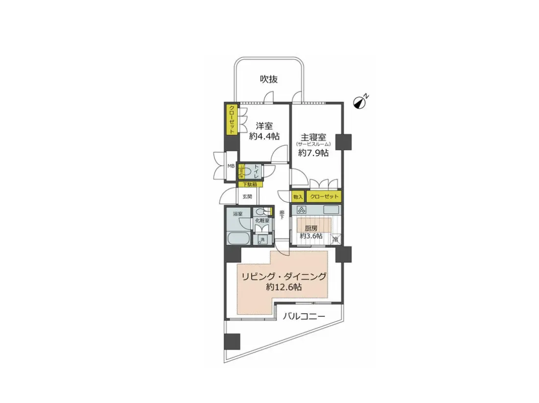 - 家の間取り図、リビング・ダイニング約12.6帖、主寝室約7.9帖、洋室約4.4帖、キッチン、バルコニー、浴室などを含む配置