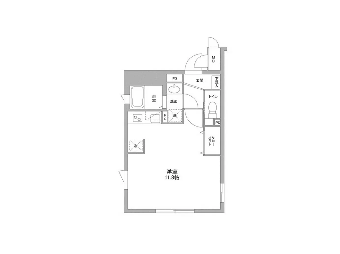 - 11.8帖の洋室を含む間取り図、浴室、トイレ、洗面所などの配置が示されたホームプラン