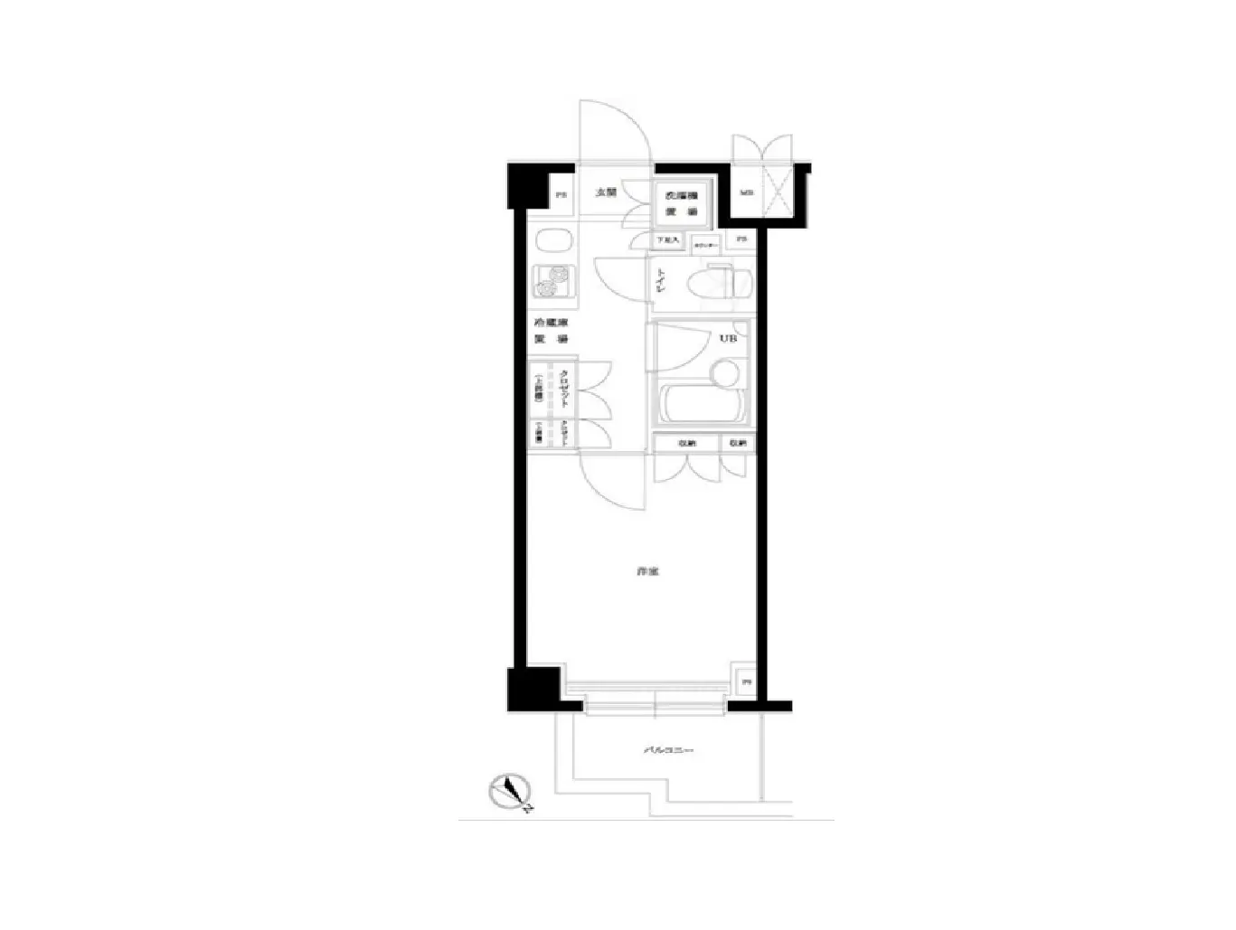- 狭小住宅の間取り図、1LDKのレイアウト、キッチン、浴室、トイレ、収納スペースの配置が示されている