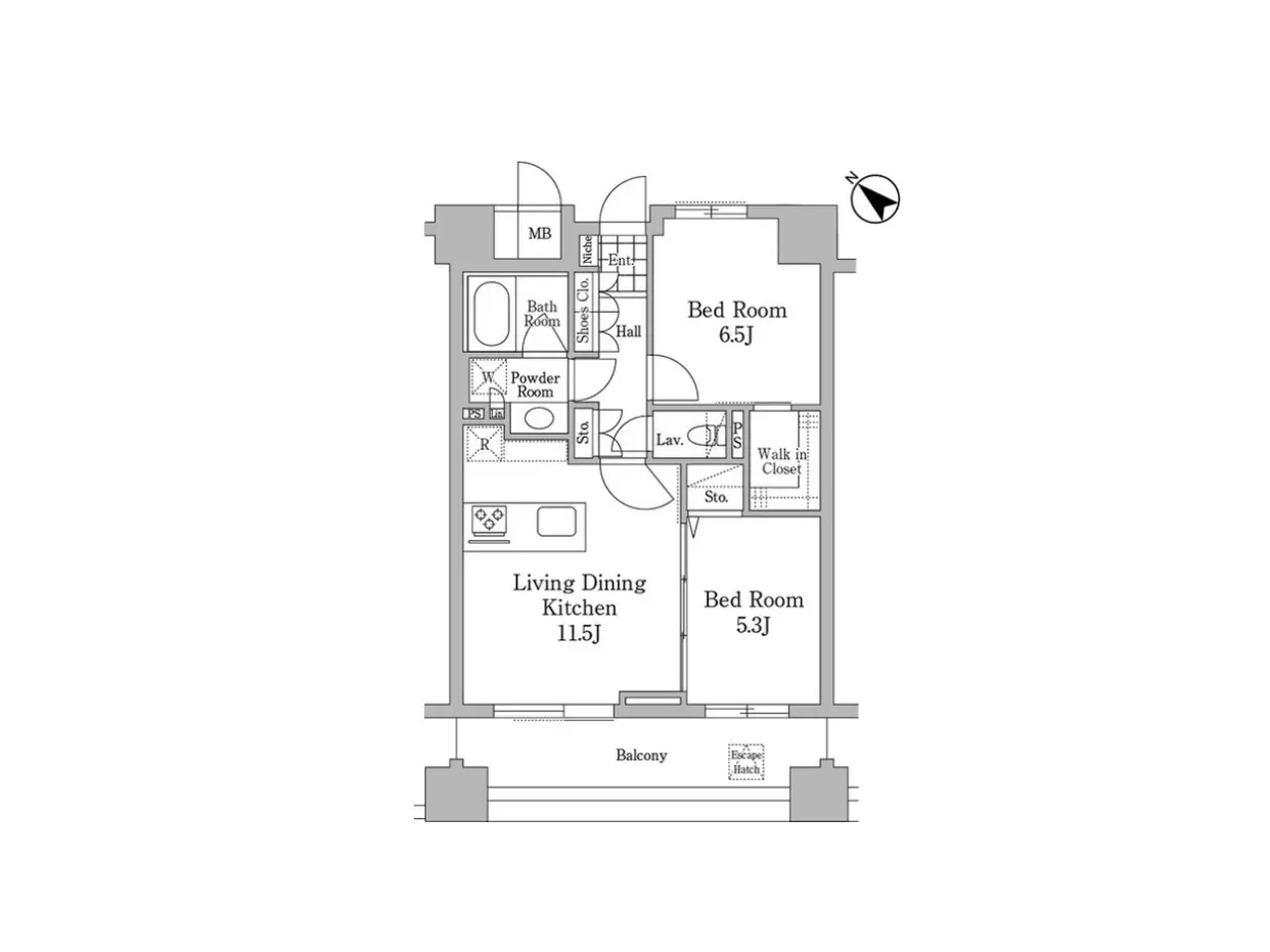 - 3LDKの間取り図、リビングダイニングキッチン、2つの寝室、バスルーム、トイレ、バルコニーを含む配置
