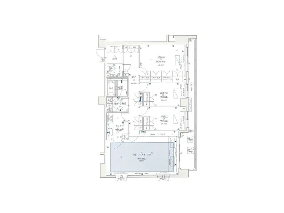 - 3LDKの間取り図、リビングとダイニングスペースが隣接し、各部屋には自然光が入る大きな窓が配置された設計図