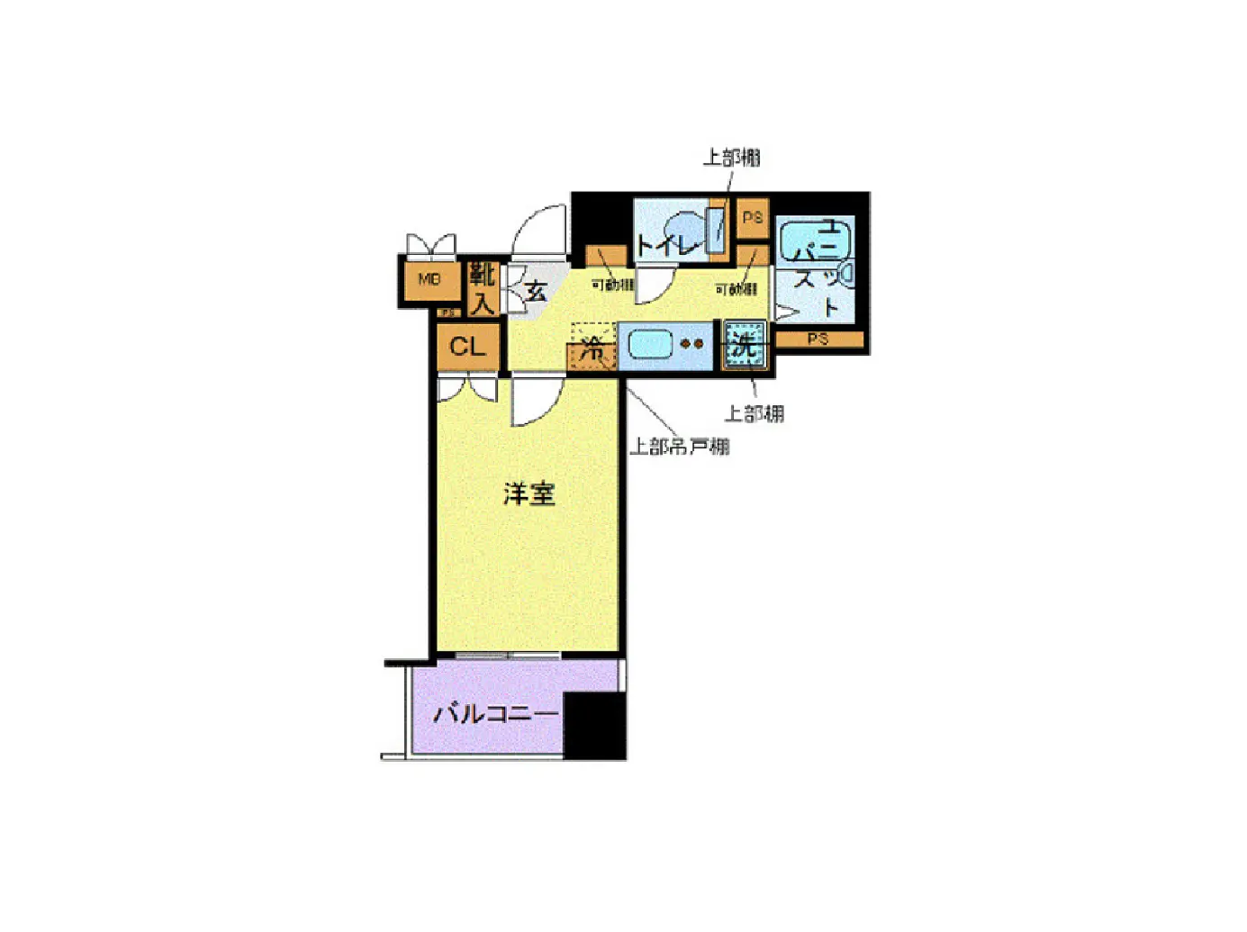 - 洋室、バルコニー、トイレ、バスルーム、収納スペースを含む間取り図のイラスト