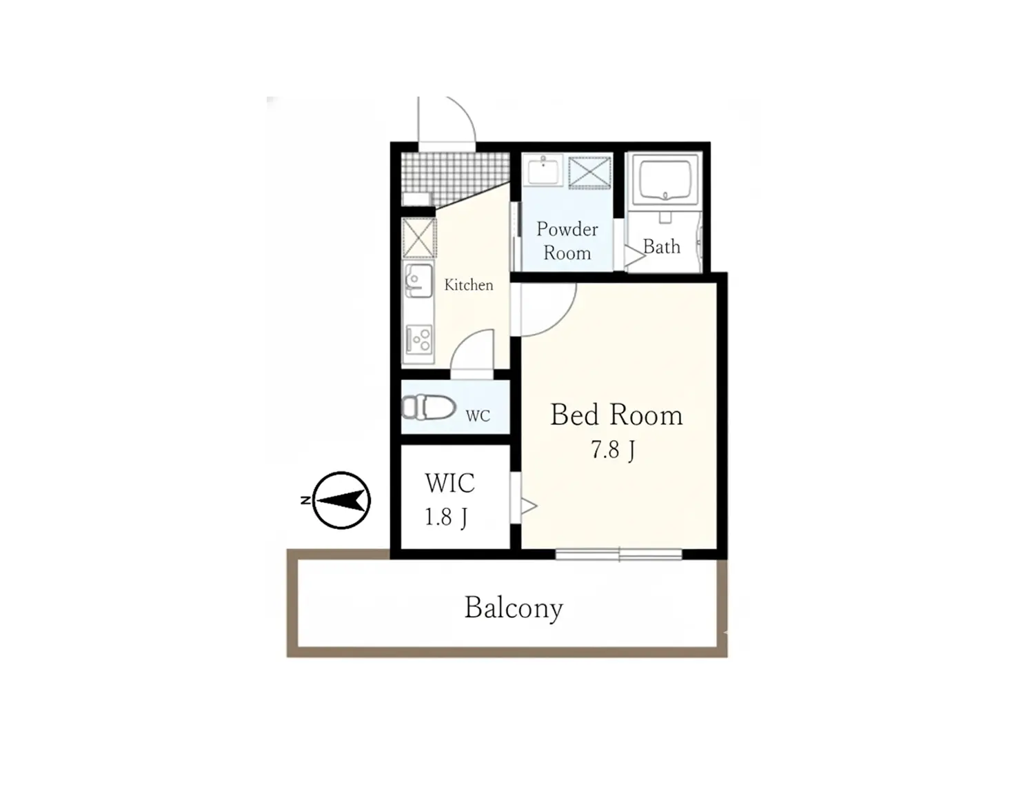 - キッチン、寝室、バス、トイレ、パウダールームを備えた間取り図、バルコニー付きのレイアウト