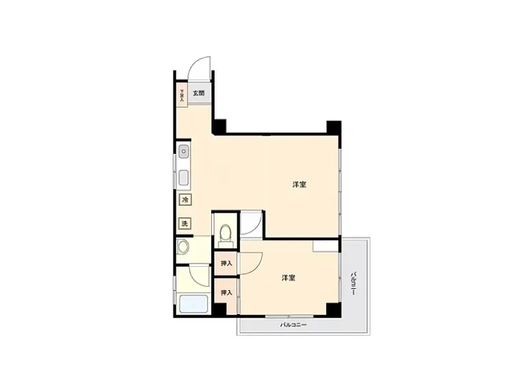 - 2つの洋室とバルコニー、洗面所、トイレ、キッチンが配置された間取り図のイラスト