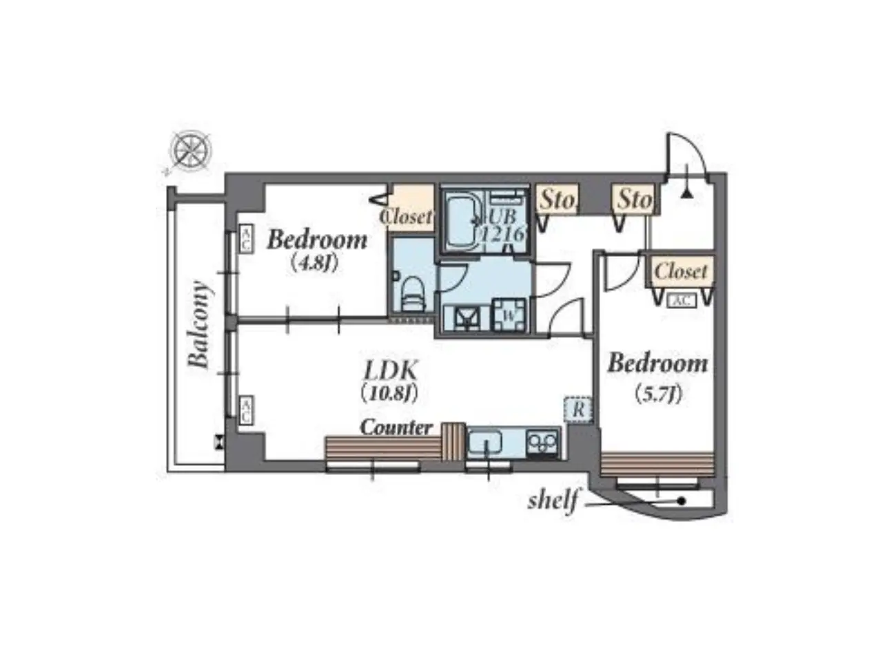 - 間取り図、2つのベッドルームとLDKを持つ自宅、バルコニーと収納スペースがある設計