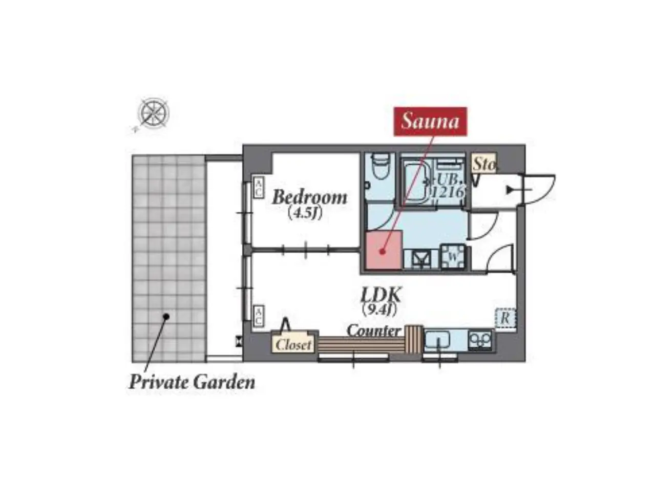 - サウナやプライベートガーデンを備えた1LDKの間取り図、ベッドルーム（4.5畳）とリビングダイニングキッチン（9.4畳）を含むデザイン