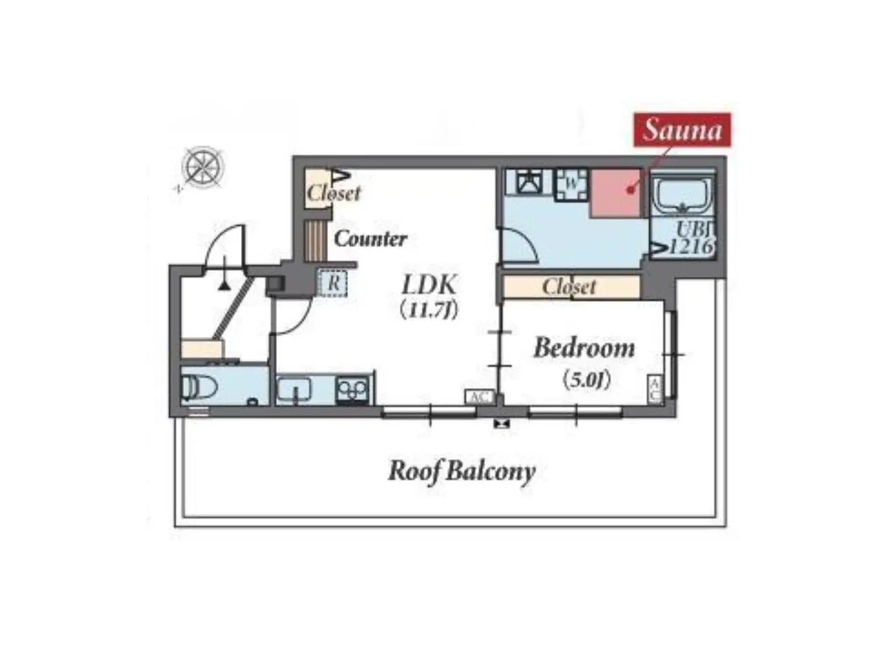 - LDK（リビング・ダイニング・キッチン）、寝室、サウナ付きの間取り図、屋上バルコニーの表示。