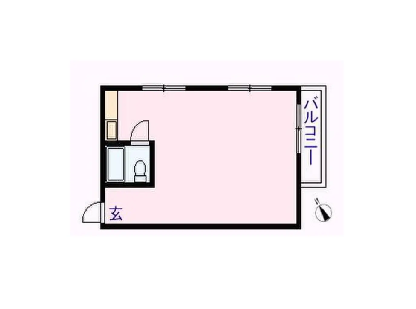 - バルコニーと玄関の配置が示された間取り図、浴室とトイレを含むシンプルなレイアウト