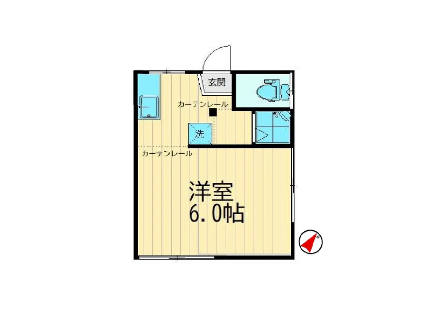 - 洋室6.0帖の間取り図、カーテンレールと洗面スペースが配置されたシンプルなデザイン