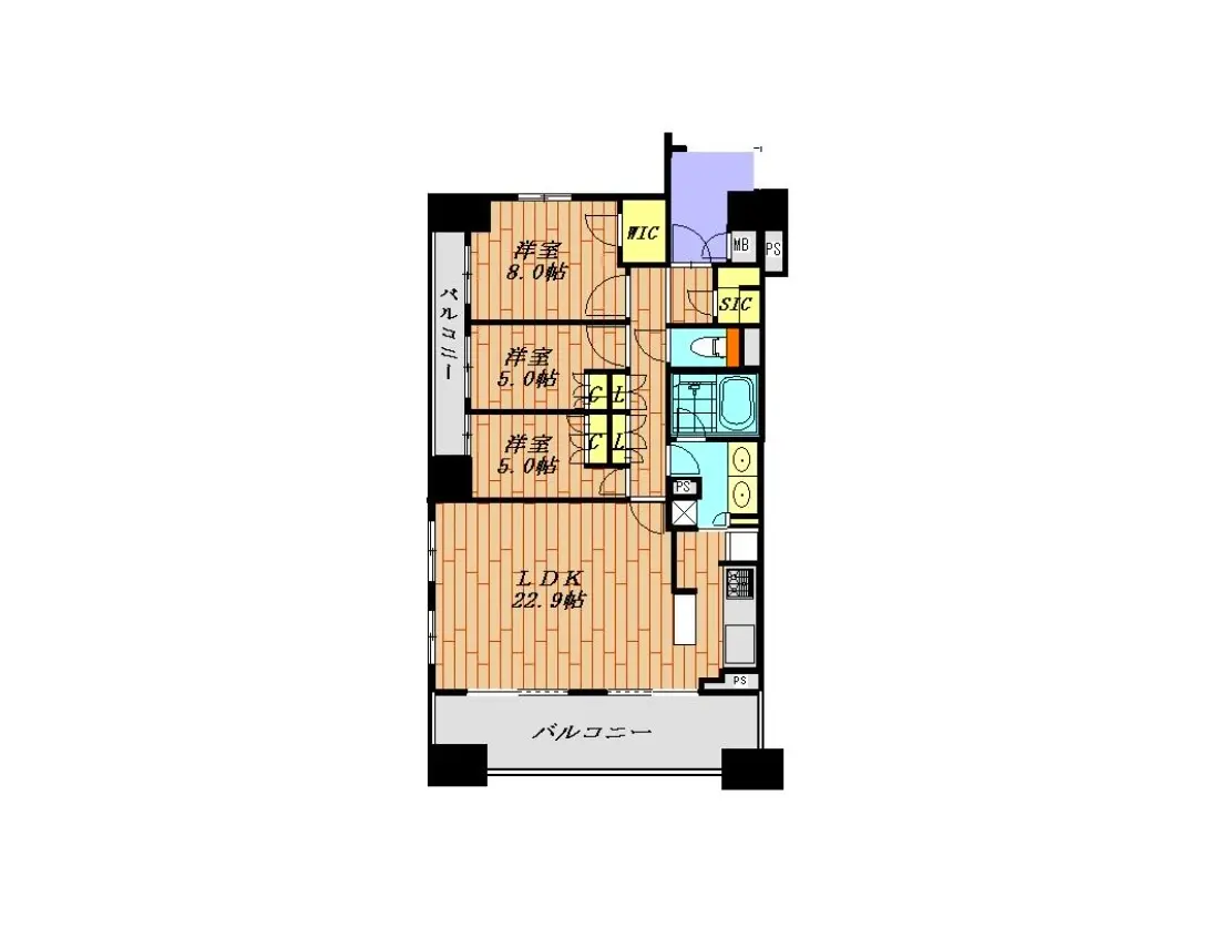 - モダンな高層マンションの外観、大きなバルコニーと明るい青空を背景にした建物の画像