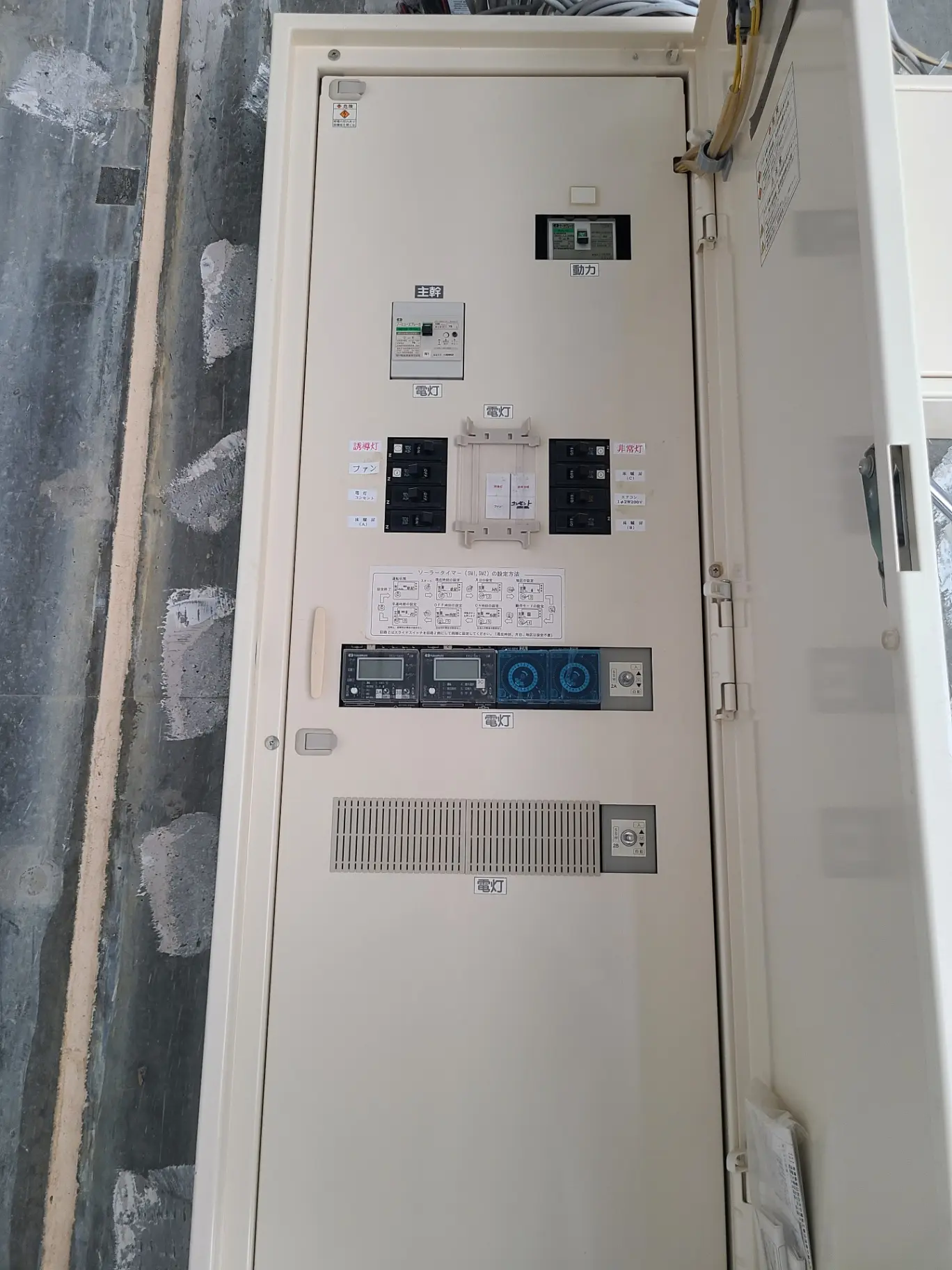工事中の部屋に設置された電気配電盤、ブレーカーとメーターが見える設備