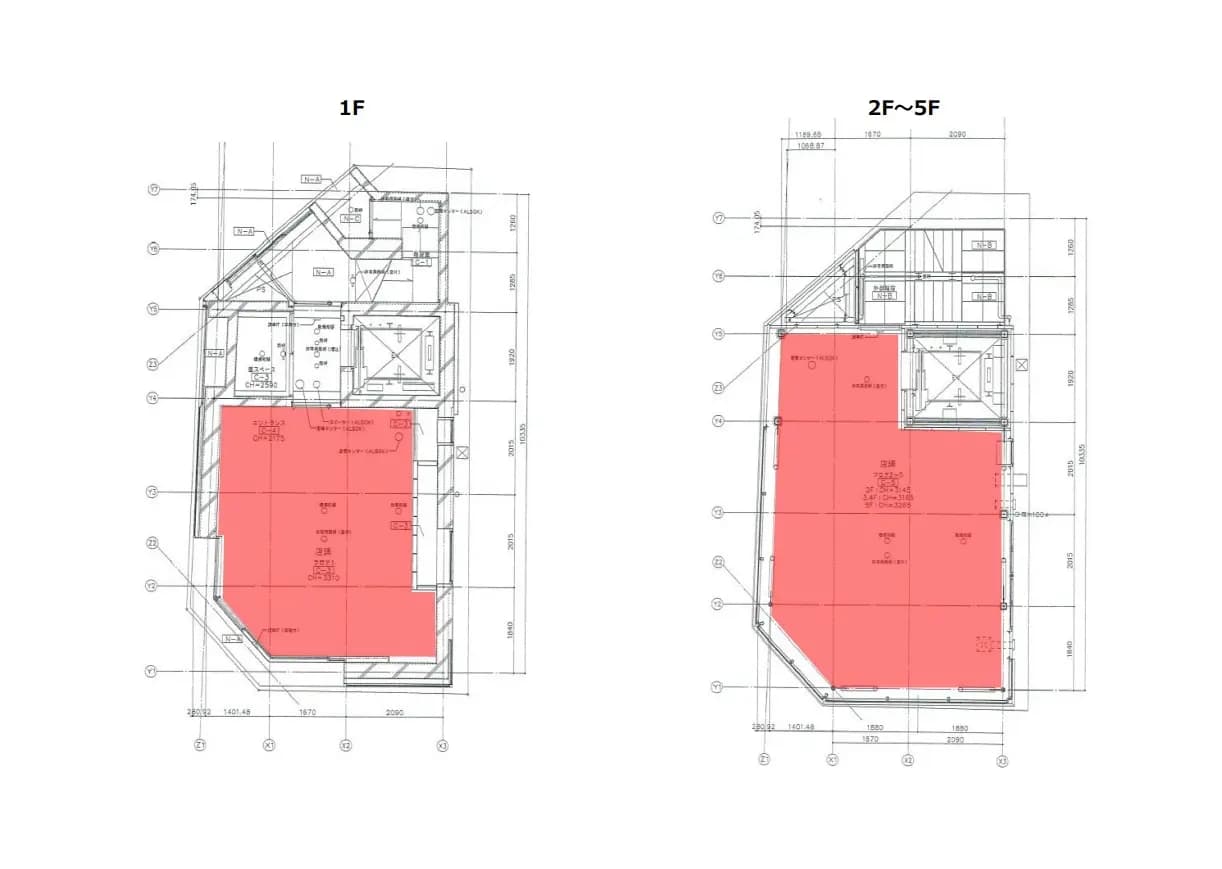 建築設計図、1階と2階から5階の平面図、赤色で強調されたゾーン