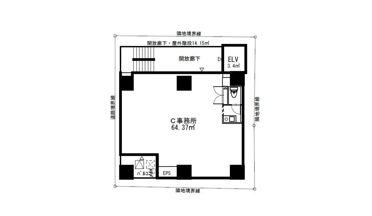 64.37平米のC型事務所平面図、エントランスと専用トイレ付き