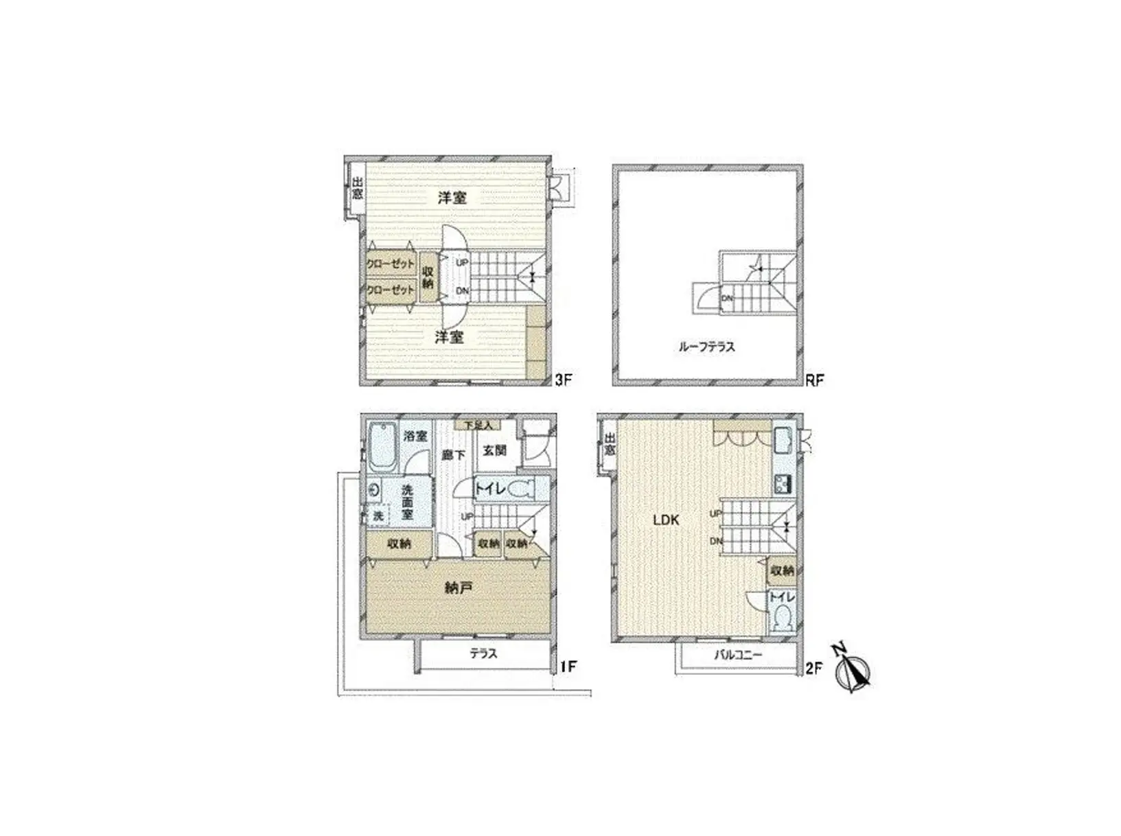 3階建て住宅の各階の間取り図、1階はLDKとトイレ、2階はプライベートルーム、3階とルーフトップの詳細表示