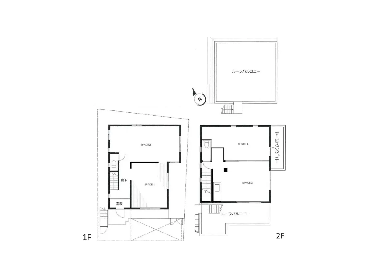 2階建て住宅の平面図、1階と2階の部屋の配置とルームプランが記された建築設計図