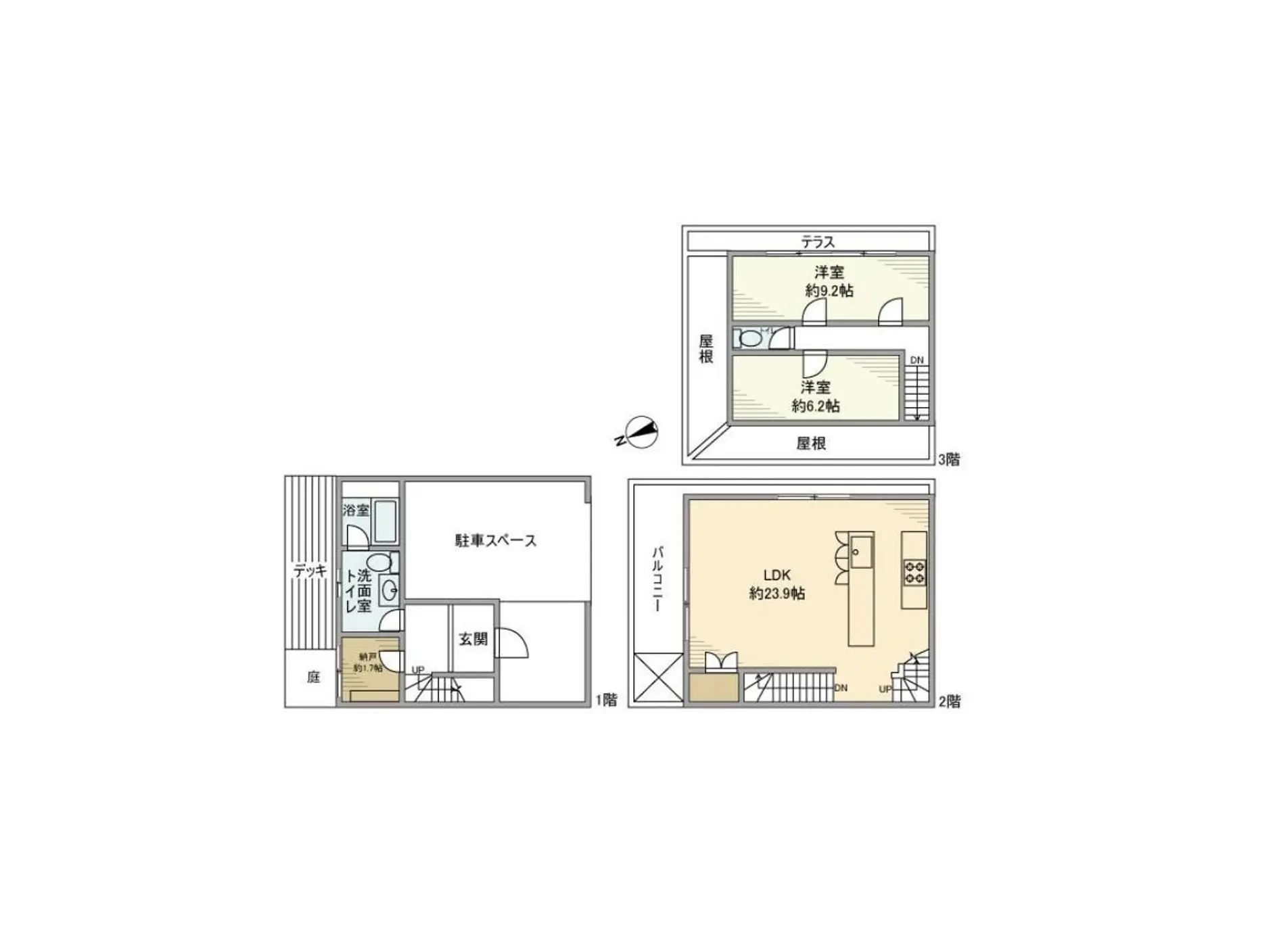- 3階建て住宅の間取り図、1階には洗面室と駐車スペース、2階にはLDKとバルコニー、3階には2つの洋室を配置した設計