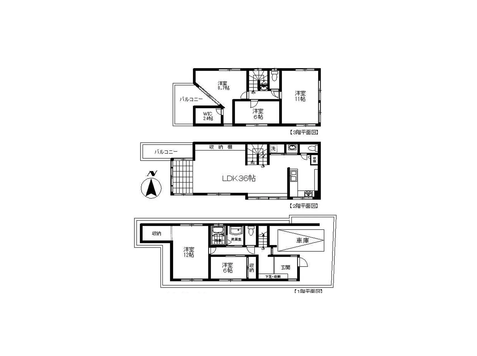 - 複数の部屋とLDKを含む住宅の平面図、部屋の広さやレイアウトが示された間取り図