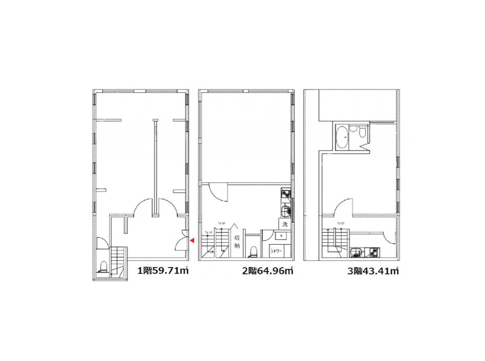 - 1階59.71㎡、2階64.96㎡、3階43.41㎡の間取り図、各階の機能的な配置と広さが確認できる設計図