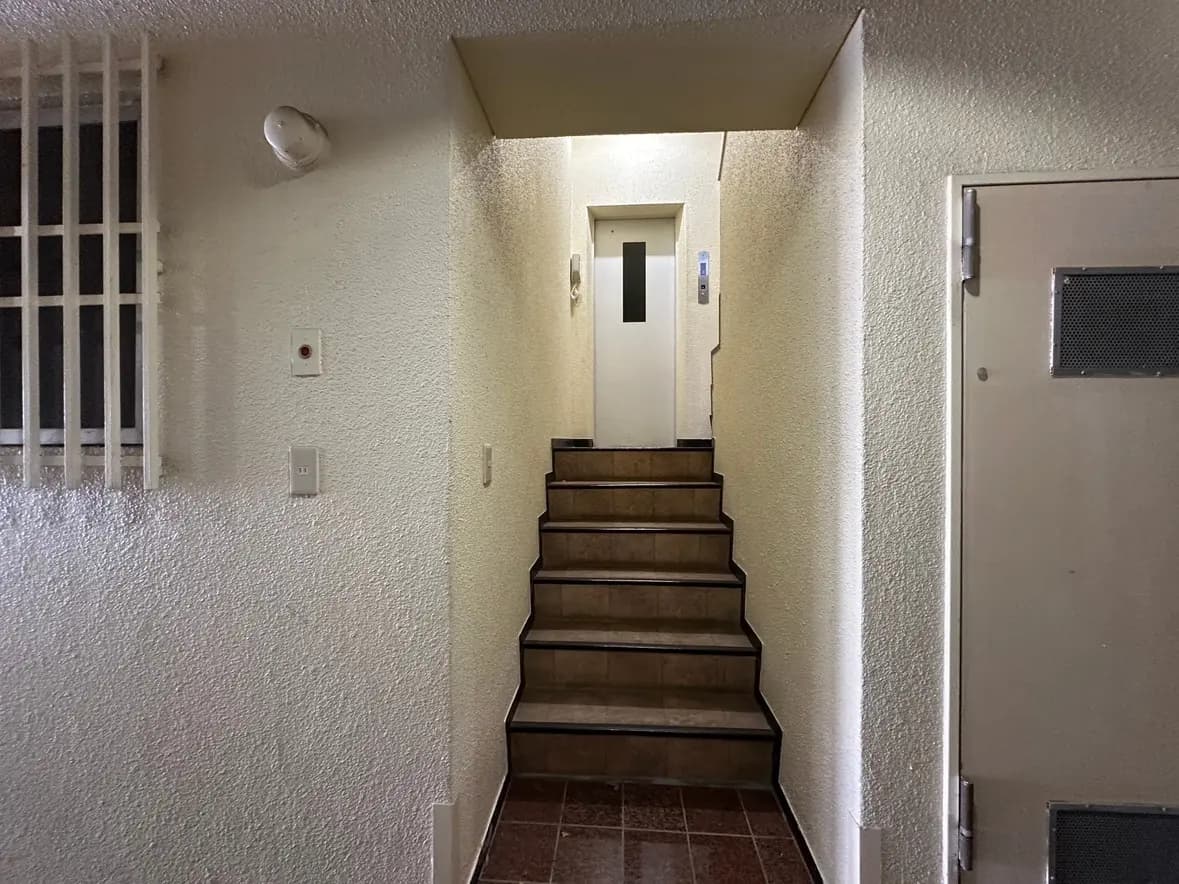 狭い玄関ホールと階段、壁にセキュリティ格子と防犯カメラが見えるインテリア