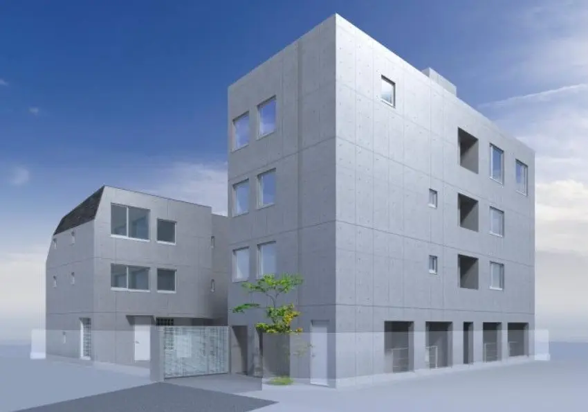 現代的な外観のコンクリート製ビル、クリアな青空の下での商業施設またはアパートメント