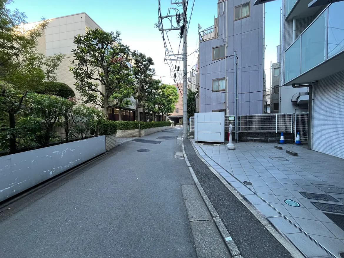 - 緑に囲まれた住宅街の道、舗装された道と近くの建物、電柱とガードレールが見える風景